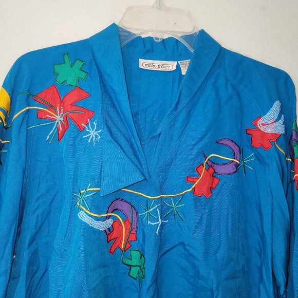 Marc D'Alcy Shirt Womens 4 Blue Beaded Appliqued Vintage Long Sleeve V-Neck - Picture 2 of 9